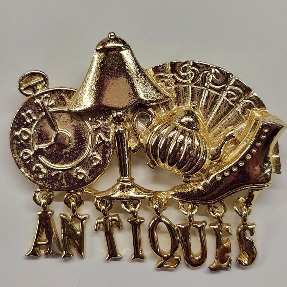 Vintage AJC Antiques Brooch Pin Gold Tone Spell Out Letter Charms 2.25 in. Long - Picture 8 of 9